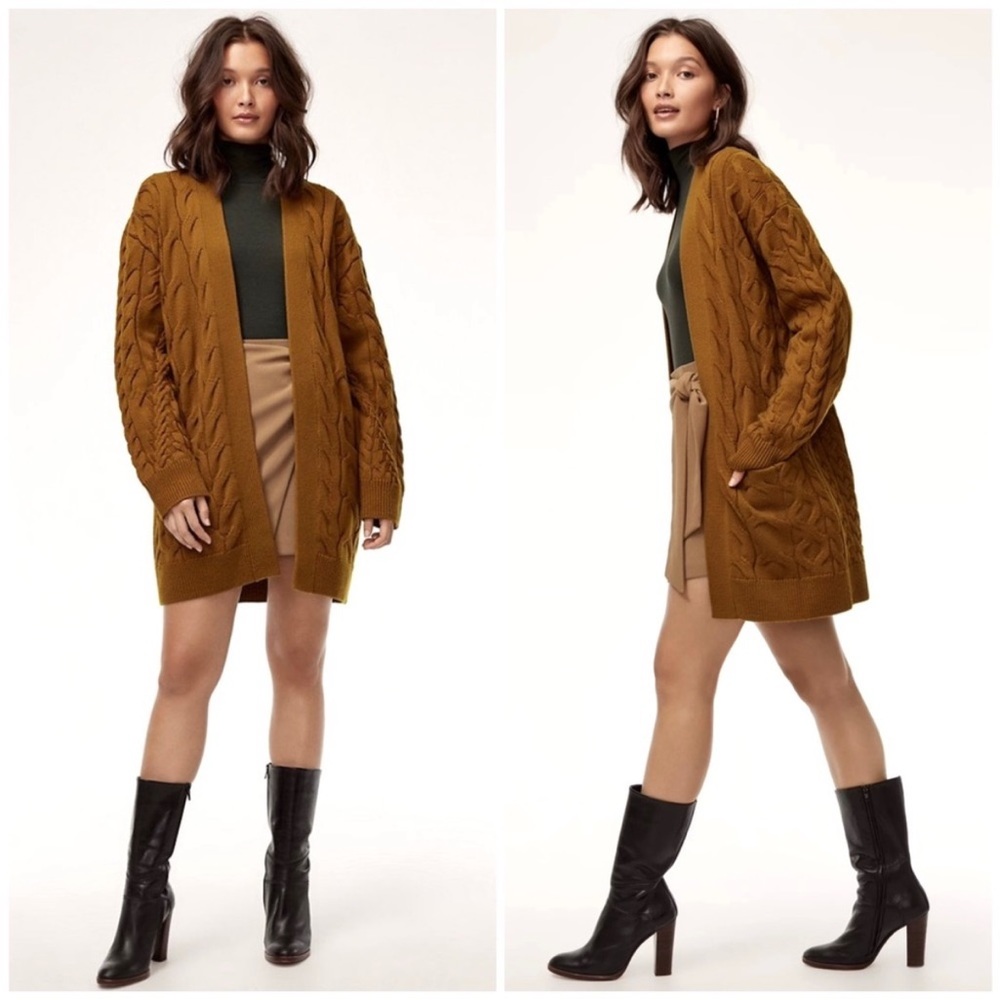 WILFRED Aritzia Cable Knit Open Front Charlisa Long Cardigan Tamarind Tan Sz XS